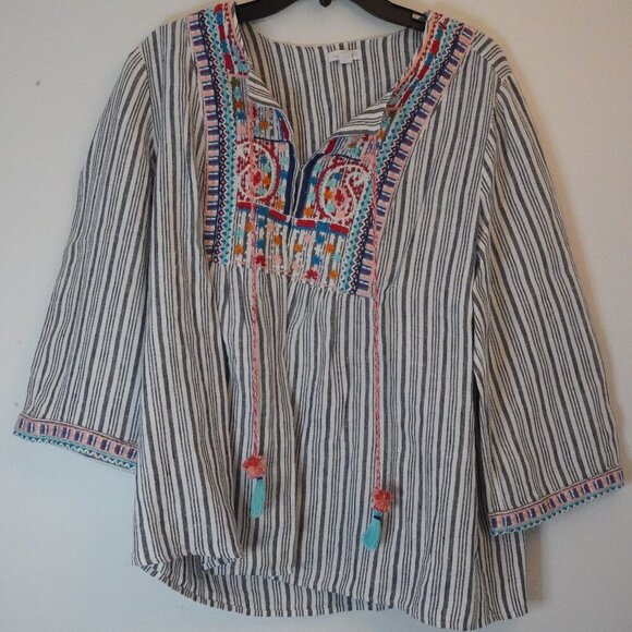 J. Jill, Love Linen, 100% Linen Embroidered Tassel Striped Boho Top, White, Blue - Picture 7 of 9